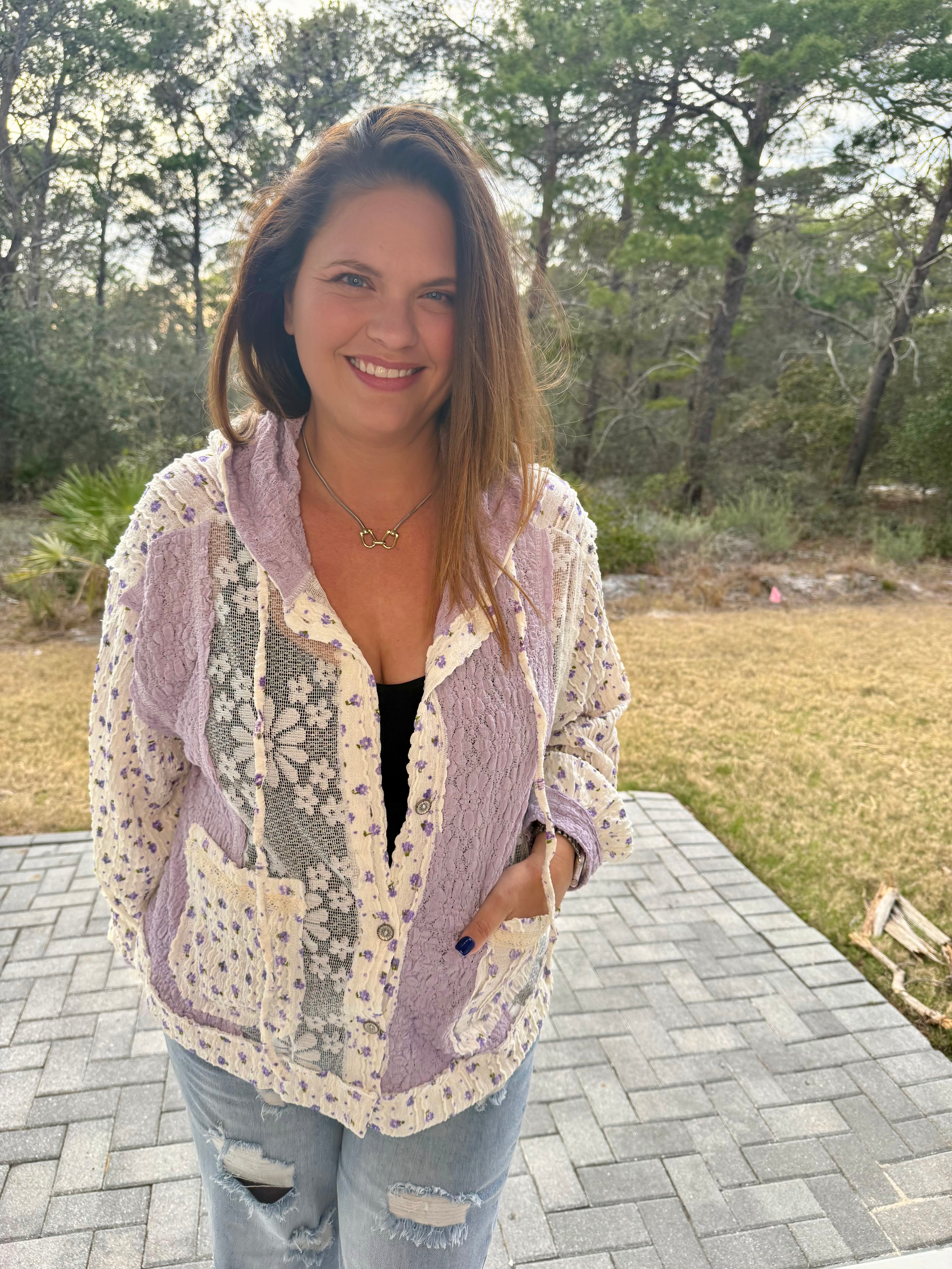 Balloon Sleeves Lace Floral Knit Hoodie Jacket by POL (Ships 2-3 weeks)