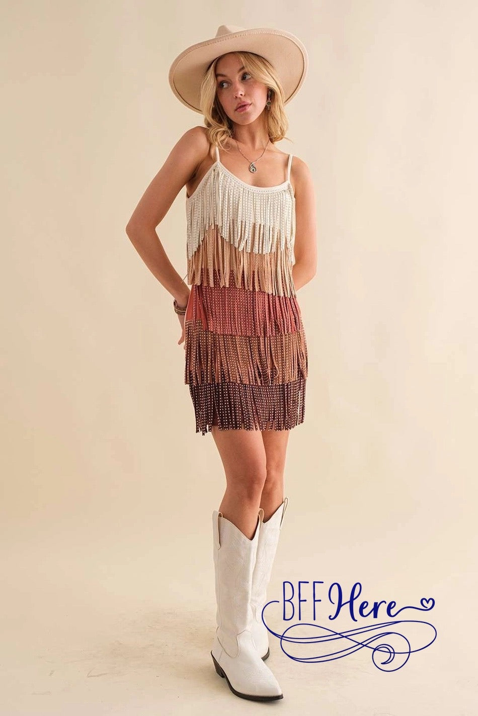 Wild West Chic: Fringe & Stud Color Block Dress - BFF Here