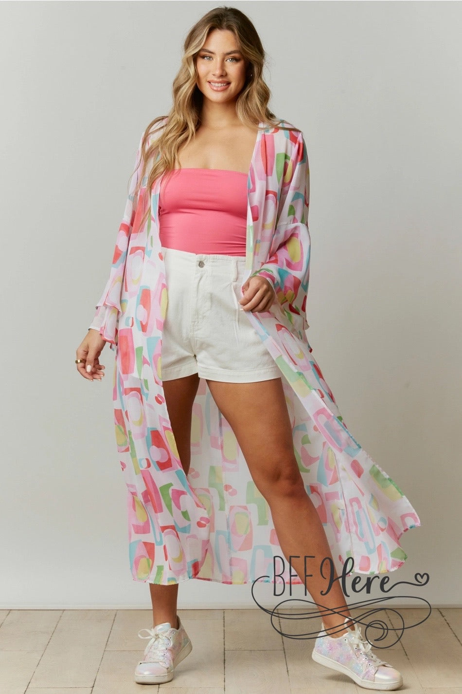 Colorblock Cascade: Multicolor Abstract Squares Kimono - BFF Here