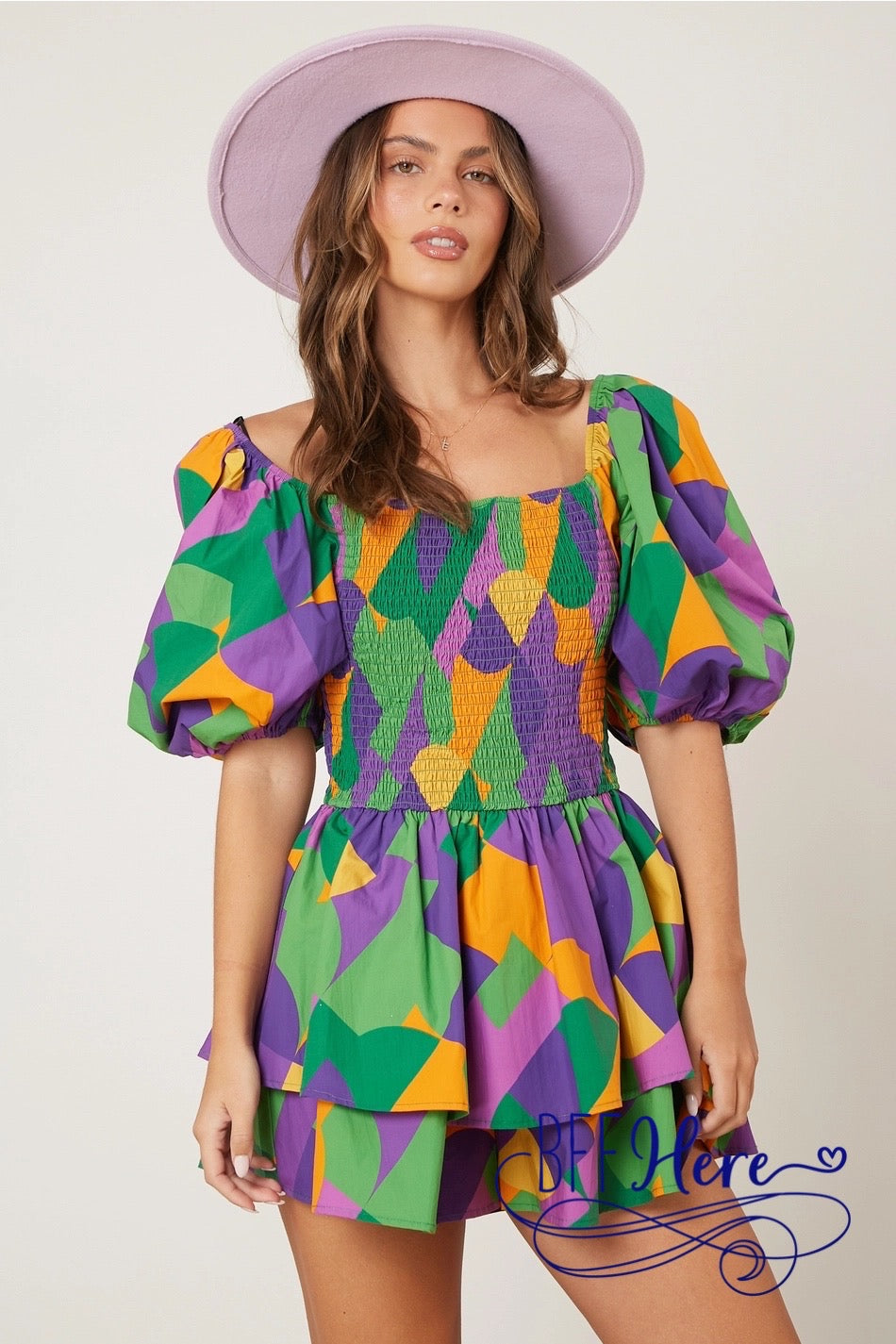 PREORDER: Festive Geometry: Mardi Gras Geo Print Smocked Romper (Ships Middle of January ) - BFF Here