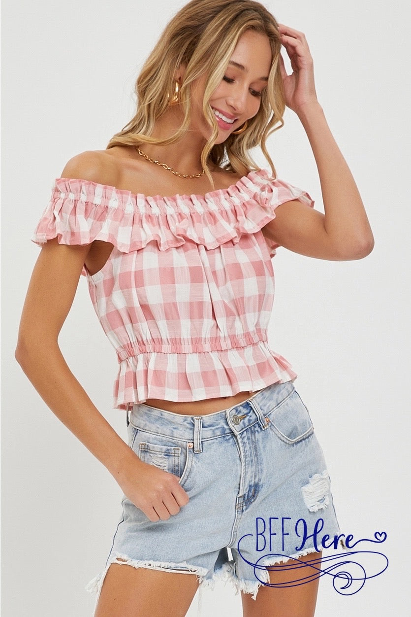 Pretty in Pink Gingham Off-Shoulder - BFF Here