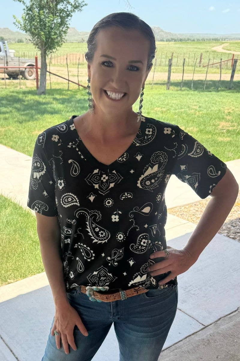 Black Bandana Babe V Neck Top by Sterling Kreek - BFF Here