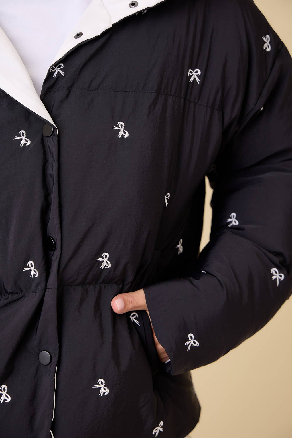 Ribbon Bow Embroidered Puffer Jacket - BFF Here