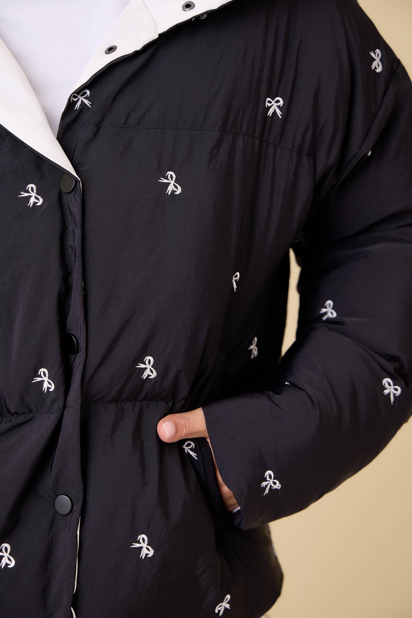 Ribbon Bow Embroidered Puffer Jacket - BFF Here
