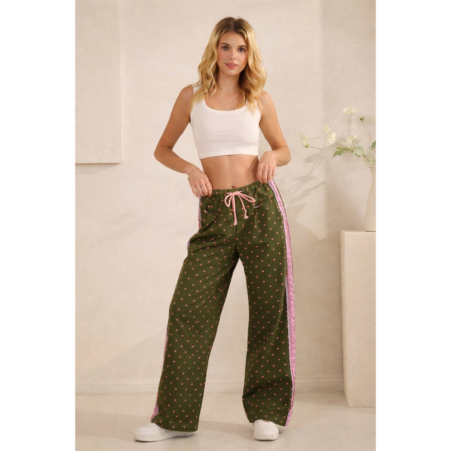 Polka Dot Pants with Satin Contrast Accents - BFF Here