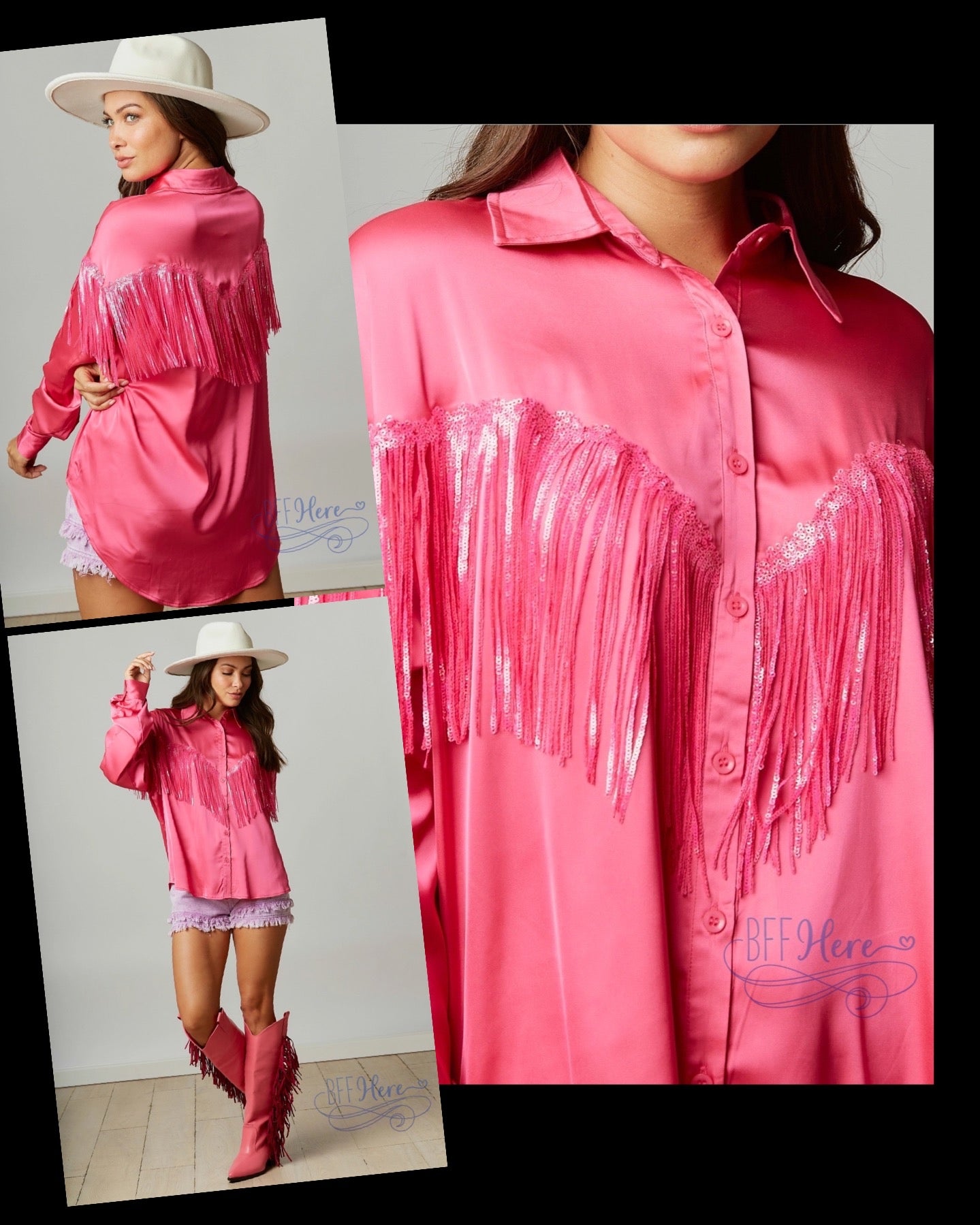 Flirty Chic: Hot Pink Satin Shirt with Fringe Detail - BFF Here