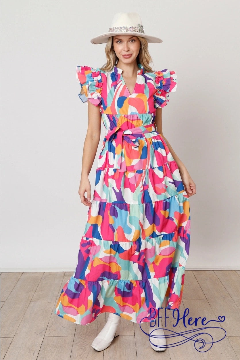 Abstract Artistic Flair: Ruffled Maxi Dress - BFF Here
