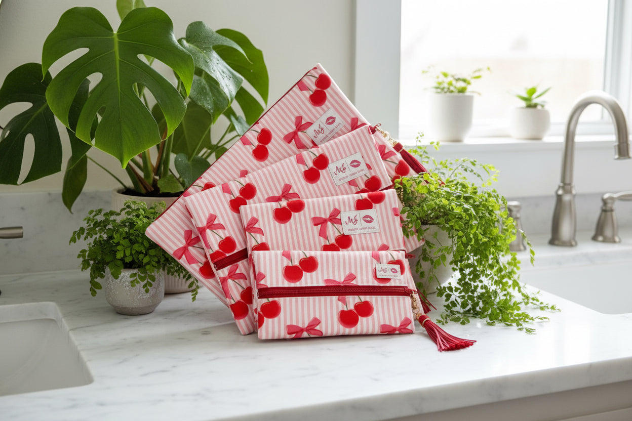 Red Pinstriped Cherry by Makeup Junkie Bags - BFF Here