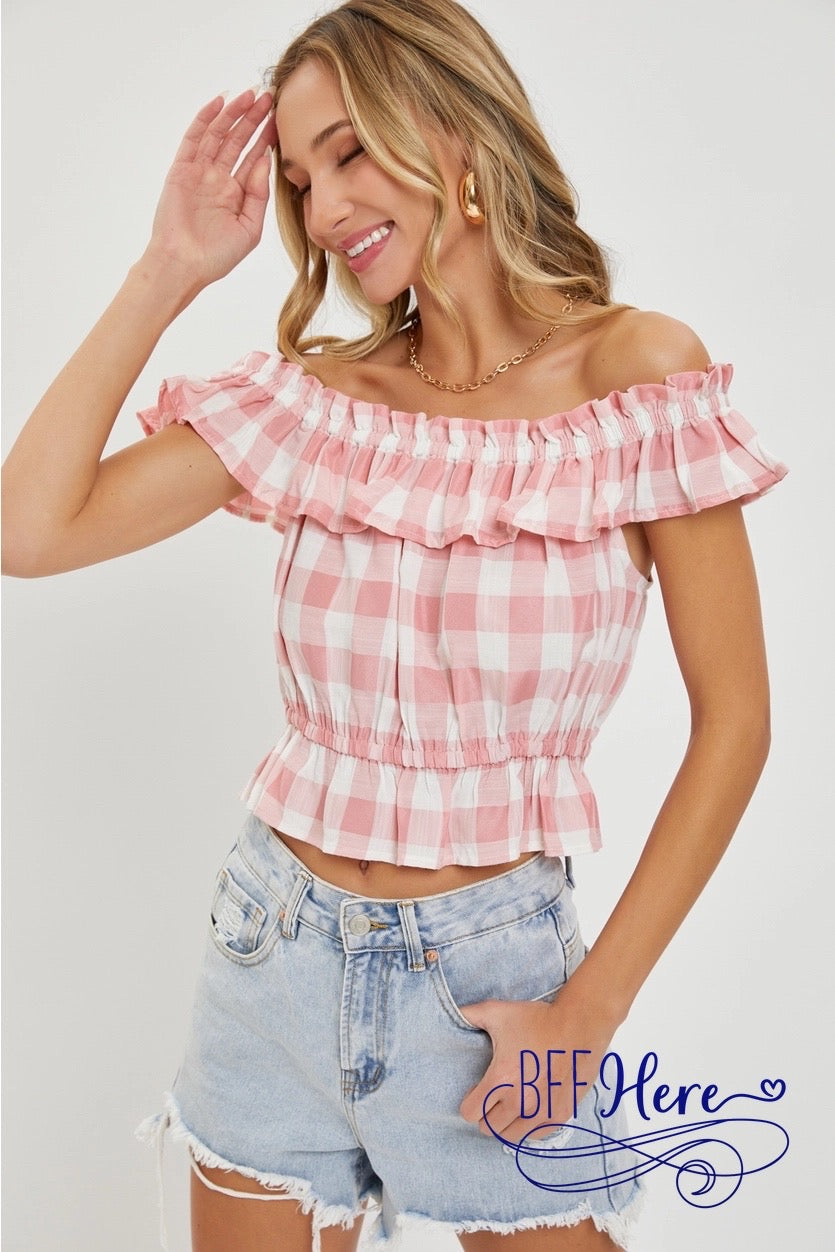Pretty in Pink Gingham Off-Shoulder - BFF Here