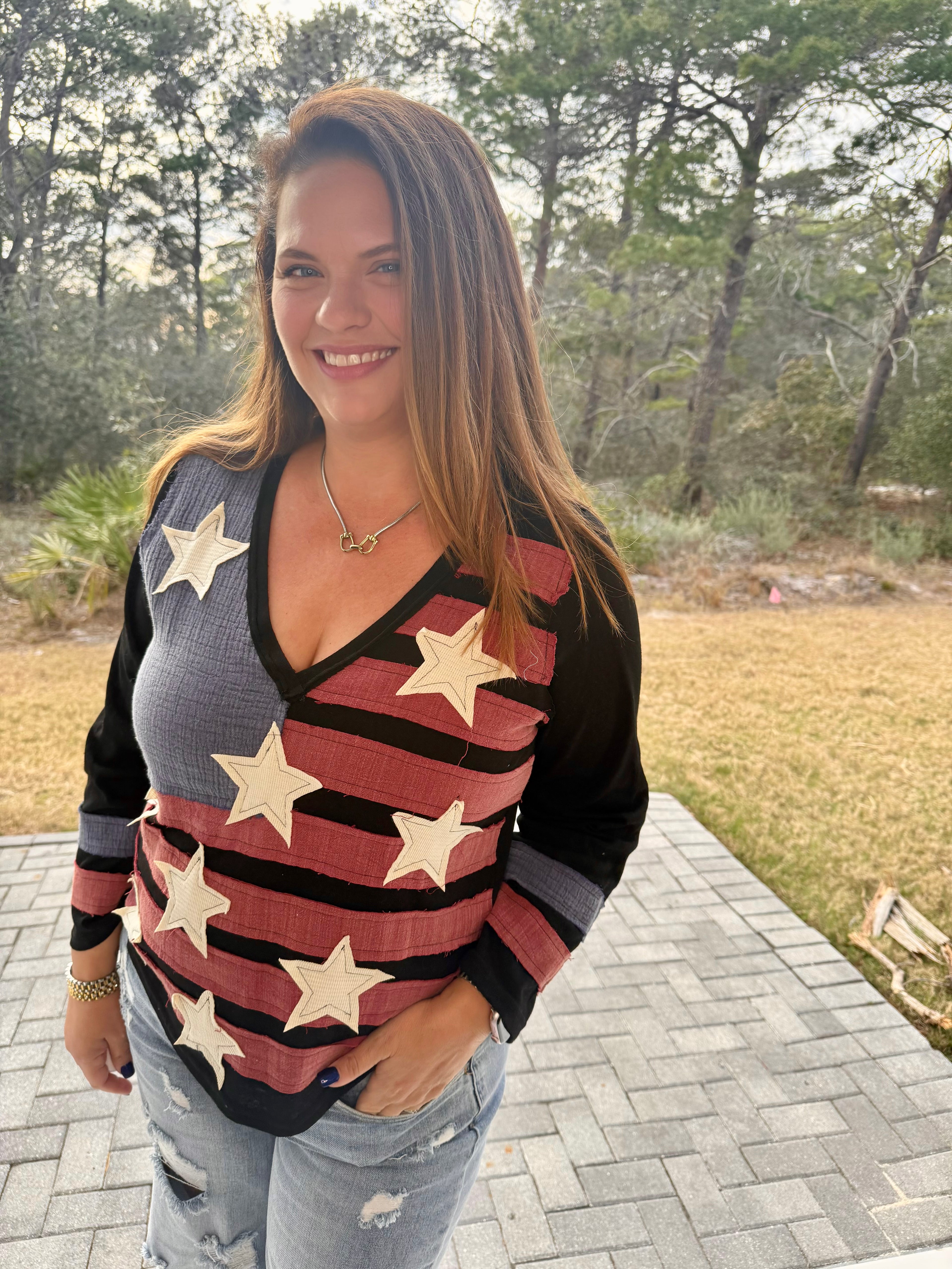 Vintage Washing V-Neck American Flag Patch Long Sleeve Top by POL (Ship time varies) - BFF Here