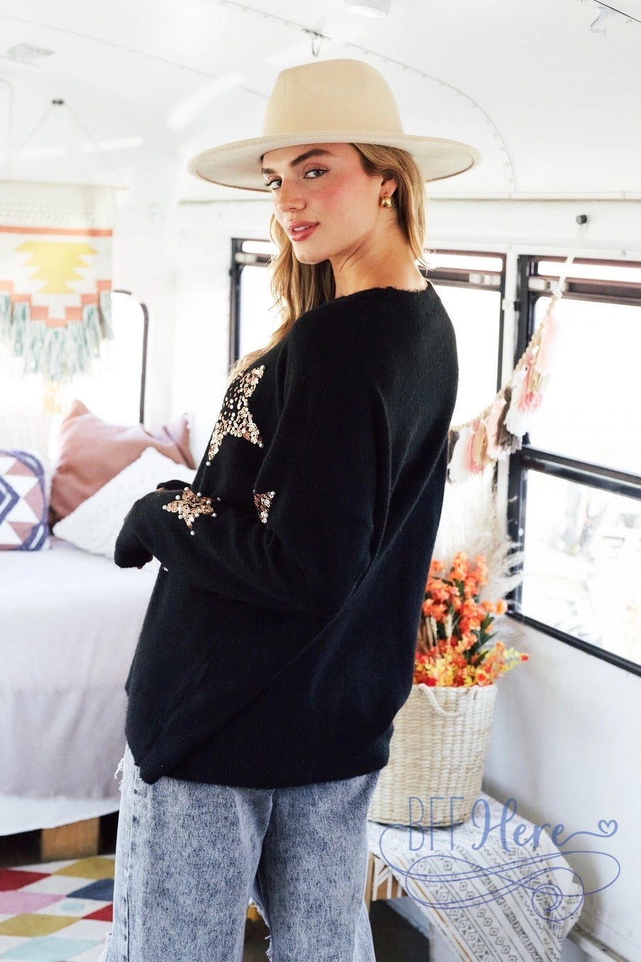 Cosmic Luxe: Sequin & Pearl Star Sweater / Choice of Color - BFF Here