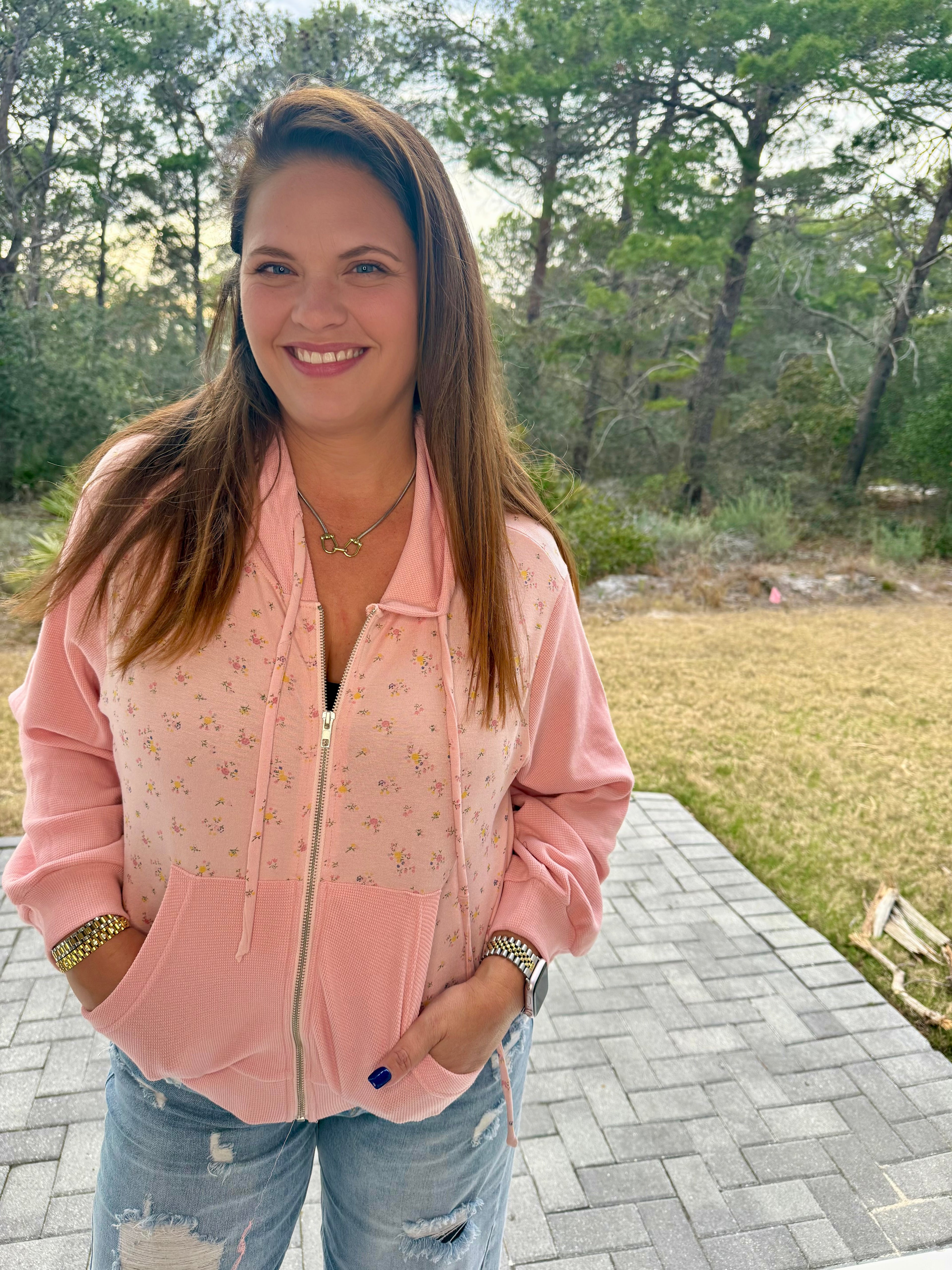 Thermal Contrast Cozy Texture Floral Print Knit Hoodie Top by POL (Ships 2-3 weeks) - BFF Here