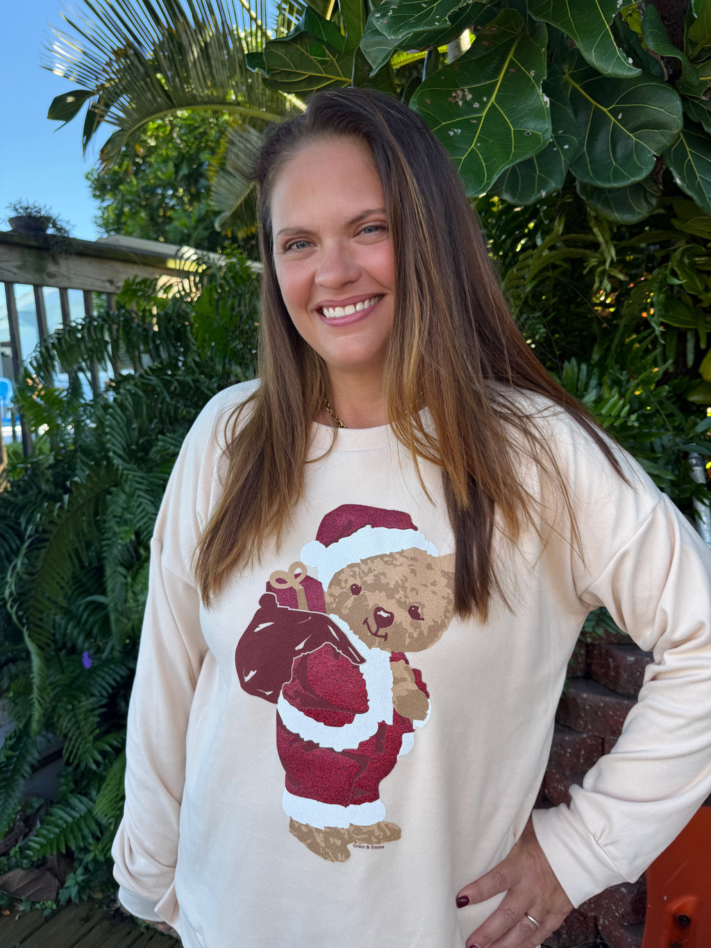 Teddy Bear Santa Micro Fleece Crewneck by Grace and Emma - BFF Here