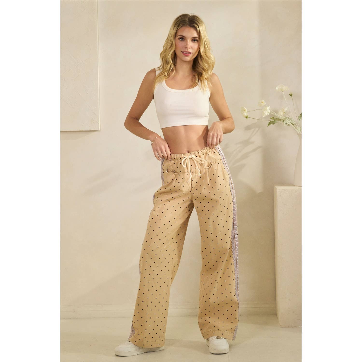 Polka Dot Pants with Satin Contrast Accents - BFF Here