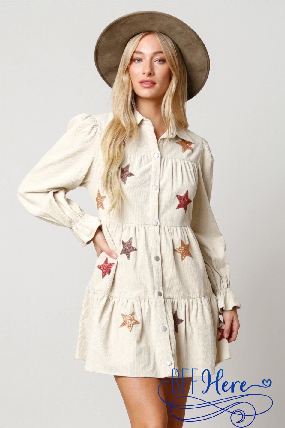 Celestial Sparkle: Star Sequin Corduroy Tiered Shirt Dress - BFF Here