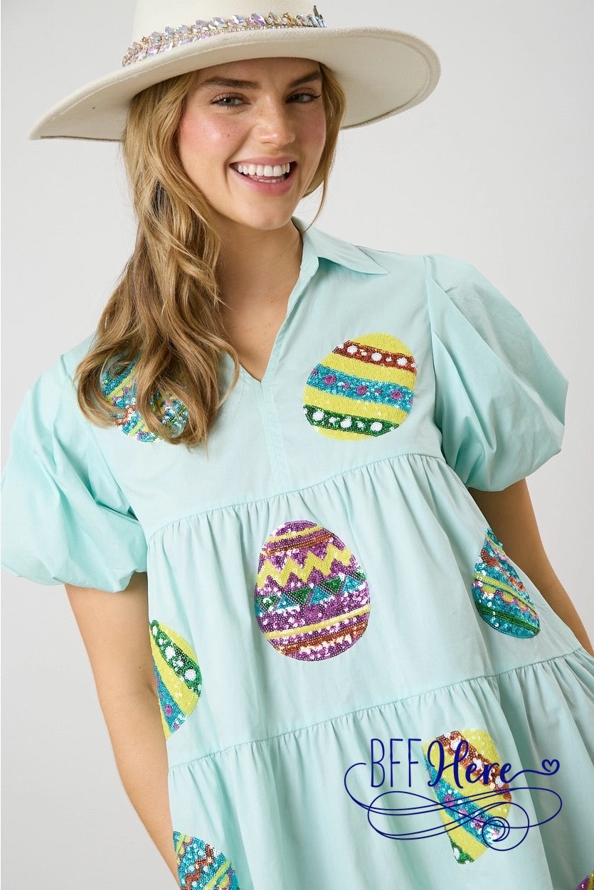 PREORDER: Glittering Egg Hunt: Sequin Easter Poplin Shirt Dress (Ships End of February) - BFF Here