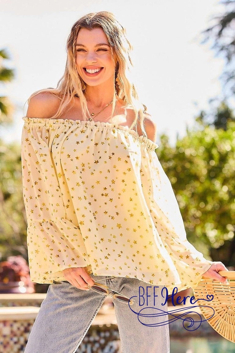 Galactic Glam: Off-Shoulder Ruffle Star Top - BFF Here