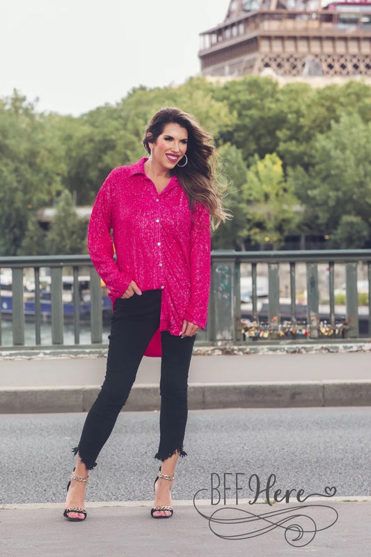 Attention Seeker Sequin Button Up Top — Hot Pink - BFF Here