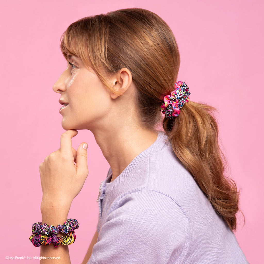 Lisa Frank X Kitsch Ruched Satin Scrunchies in Rainbow Leopard