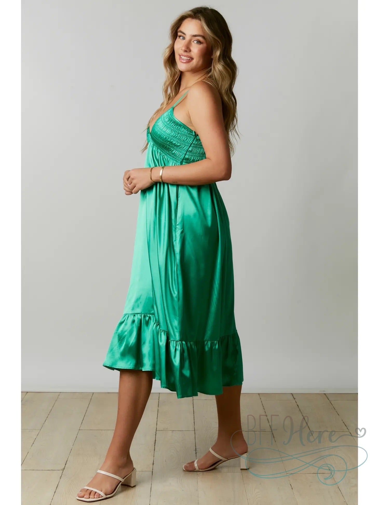 Enchanted Emerald: Luxurious Satin Babydoll Dress - BFF Here