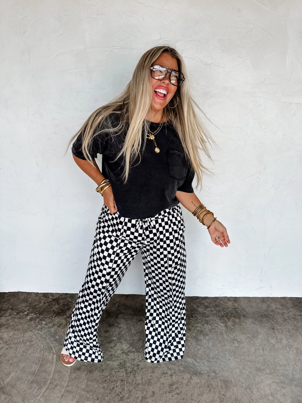 Haddie Wide Leg Checker Pants by Blakeley - BFF Here
