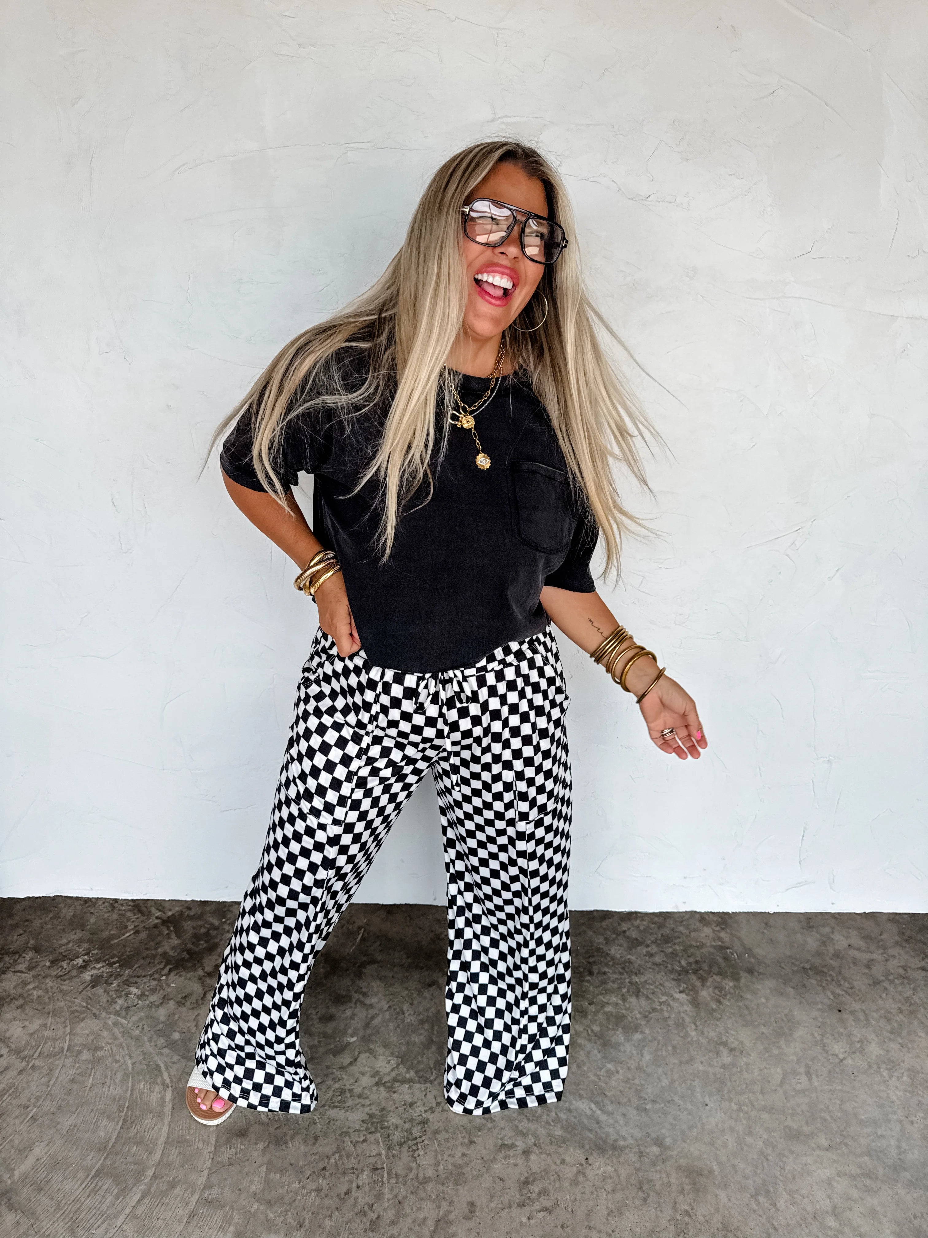 Haddie Wide Leg Checker Pants by Blakeley - BFF Here