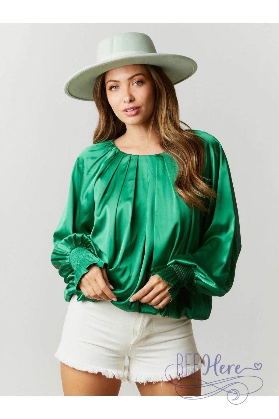 Luxe Satin Blouse Featuring Artisanal Tuck Accents — Kelly Green - BFF Here