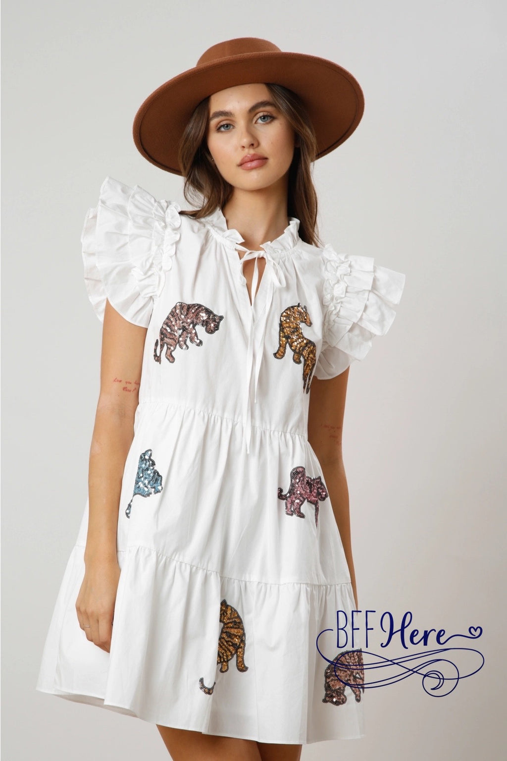 Glittering Jungle: Sequin Tiger Tiered Mini Dress / Choice of Color - BFF Here