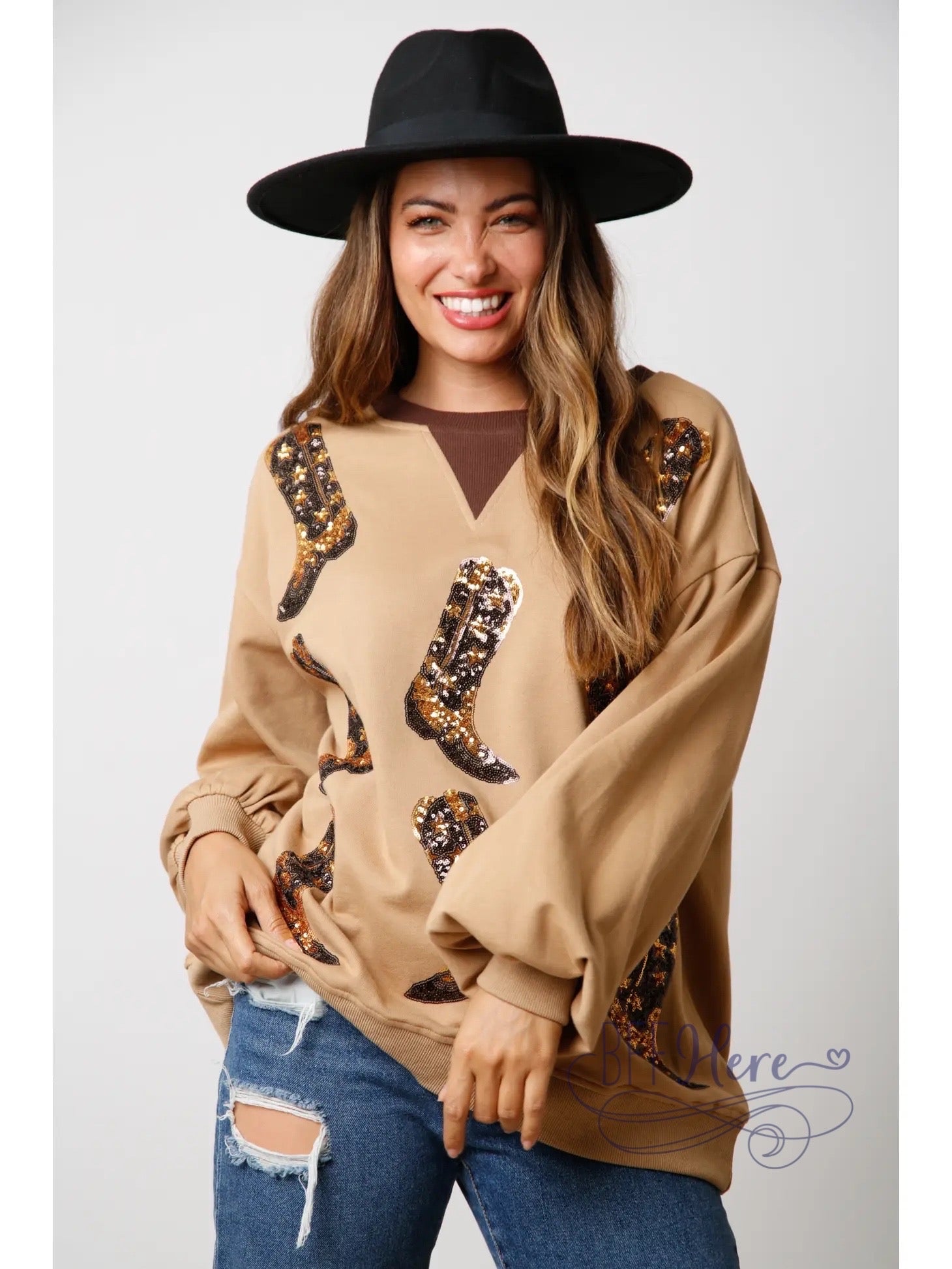 PREORDER: Sequin-Embellished Western Boot Color Block Pullover: Casual Meets Couture in Comfort (Ships Middle of September ) - BFF Here