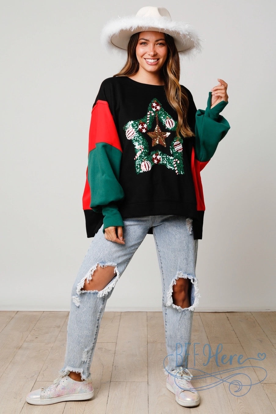 Festive Radiance Christmas Star Color Block Sweatshirt / Choice of Color (Black Ships Beginning of December) - BFF Here