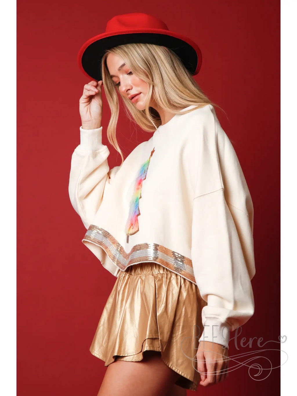 Shimmer & Cozy: Sequin-Trimmed Christmas Tree Faux Fur Sweatshirt - BFF Here