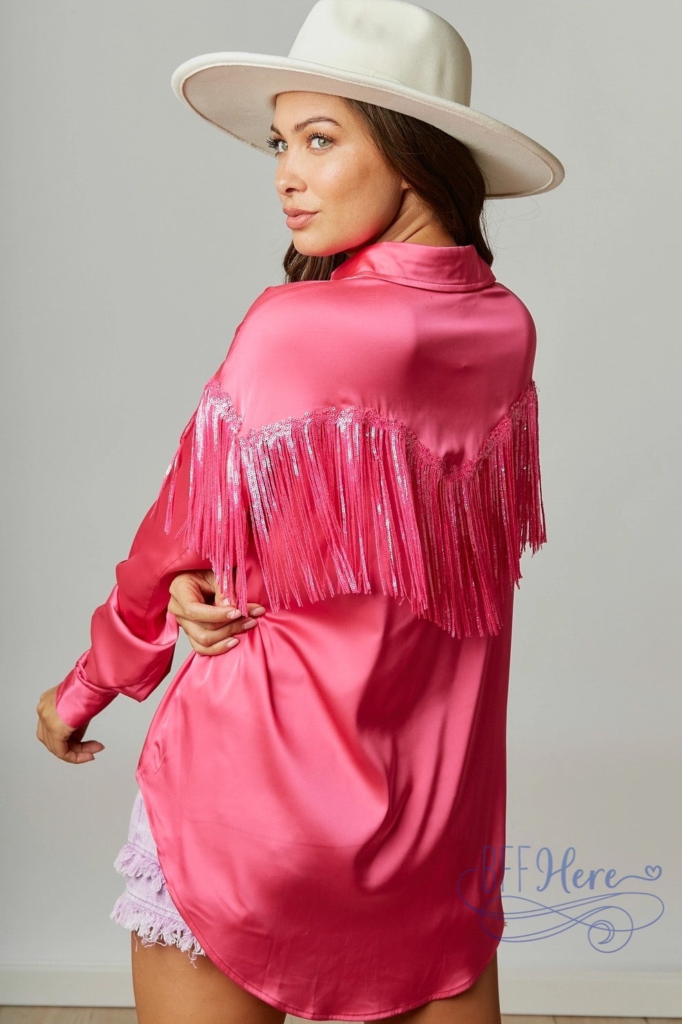 Flirty Chic: Hot Pink Satin Shirt with Fringe Detail - BFF Here