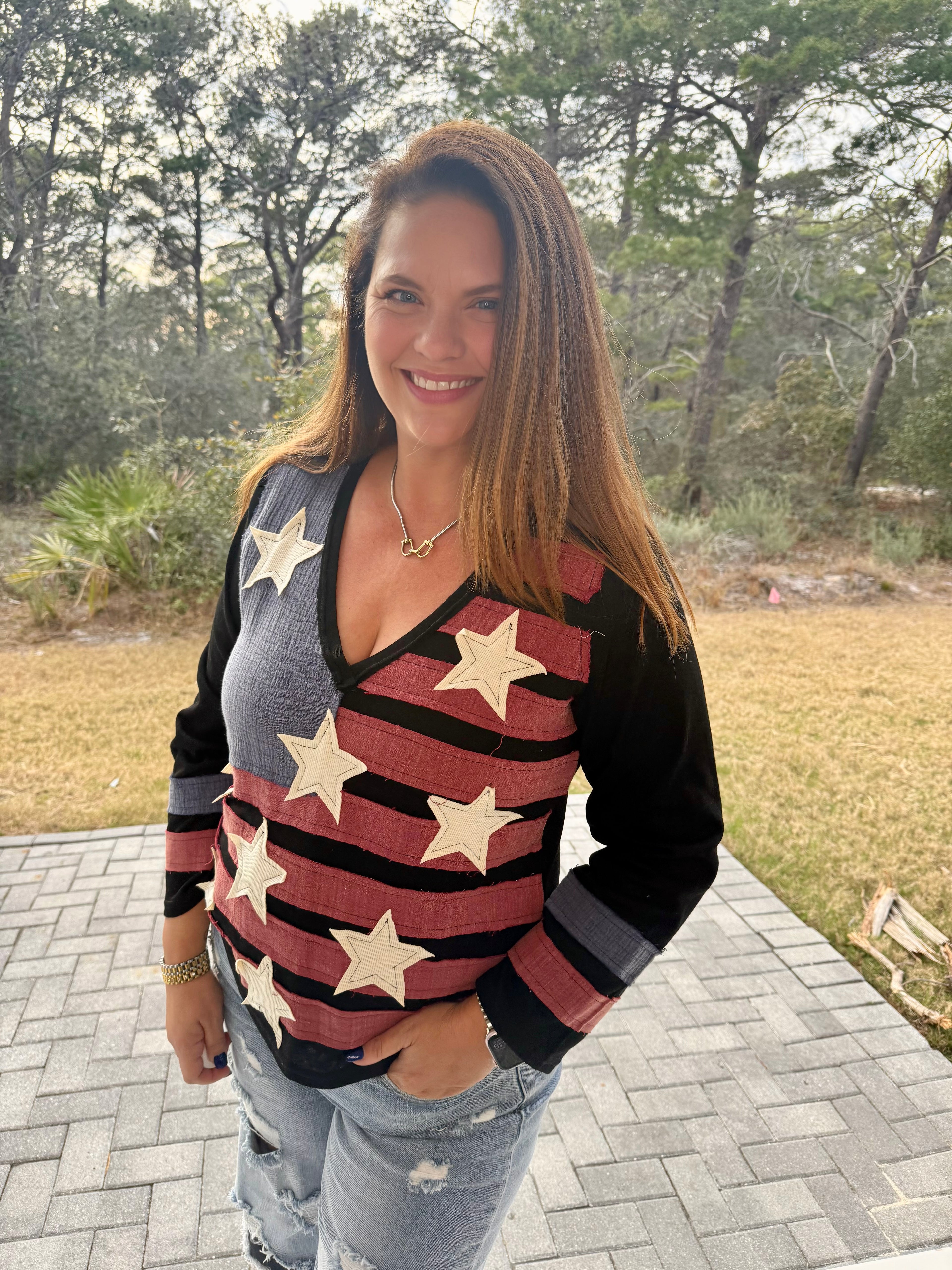 Vintage Washing V-Neck American Flag Patch Long Sleeve Top by POL (Ship time varies) - BFF Here