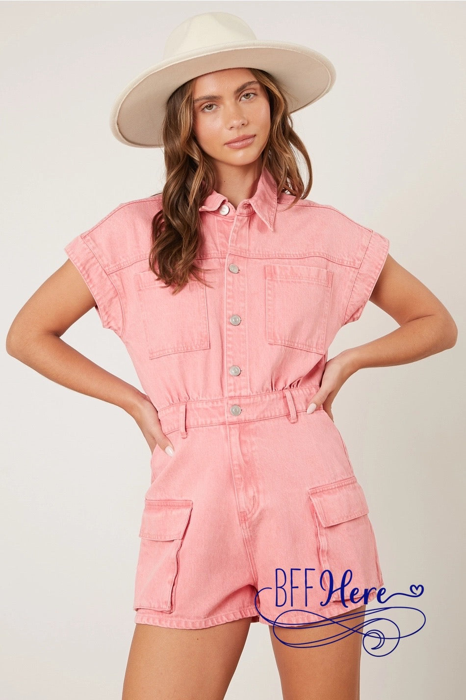 PREORDER: Pocketful of Pink: Washed Denim Cargo Romper (Ships End of February ) - BFF Here