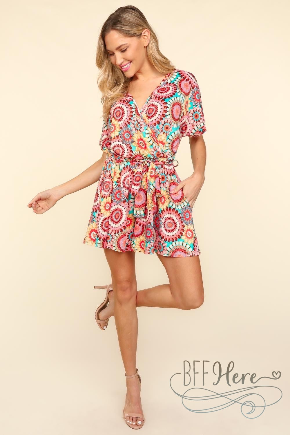 PREORDER: Sunset Mosaic: Vibrant Print Wrap Romper (Ships End of May) - BFF Here