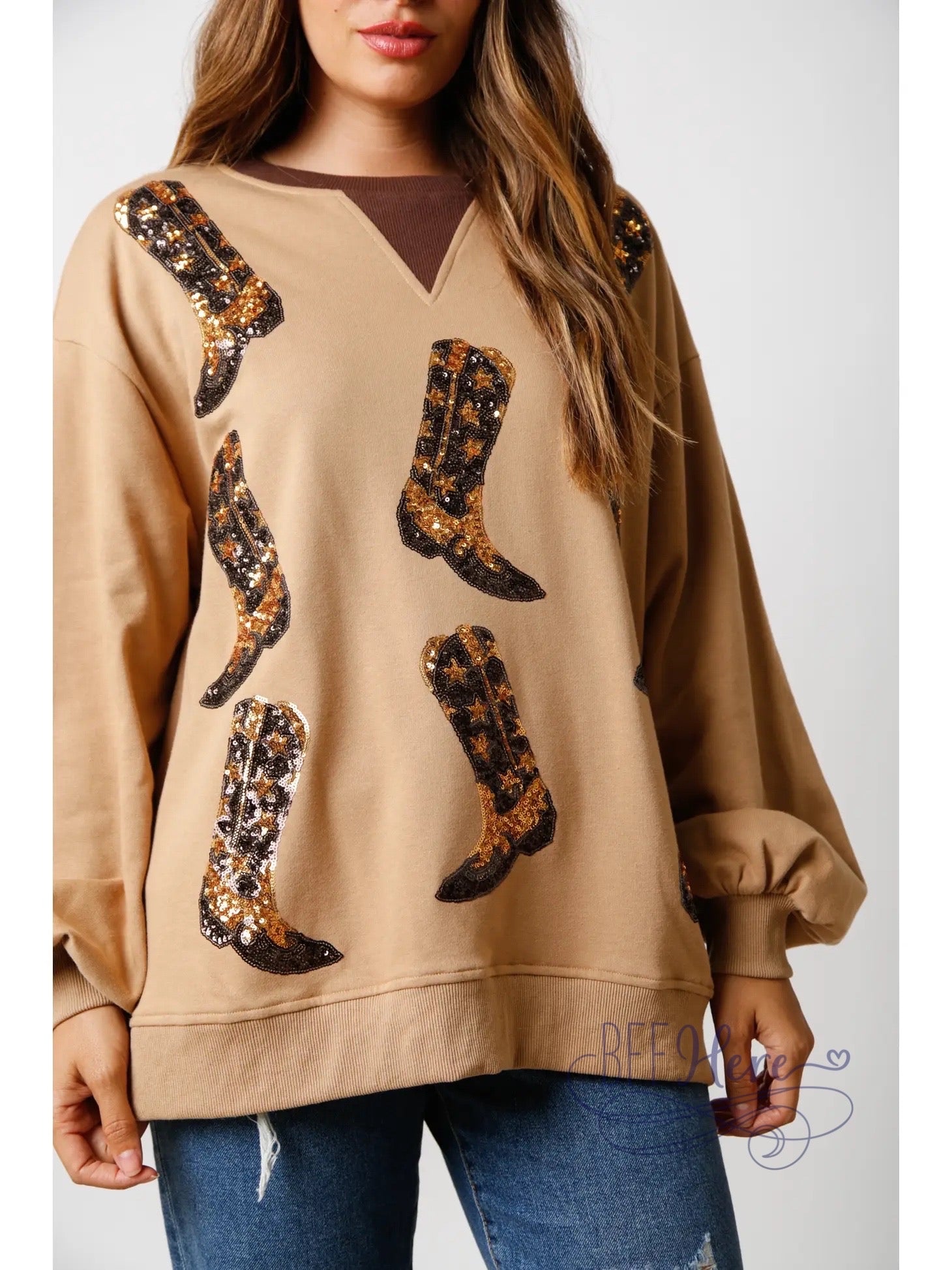 PREORDER: Sequin-Embellished Western Boot Color Block Pullover: Casual Meets Couture in Comfort (Ships Middle of September ) - BFF Here