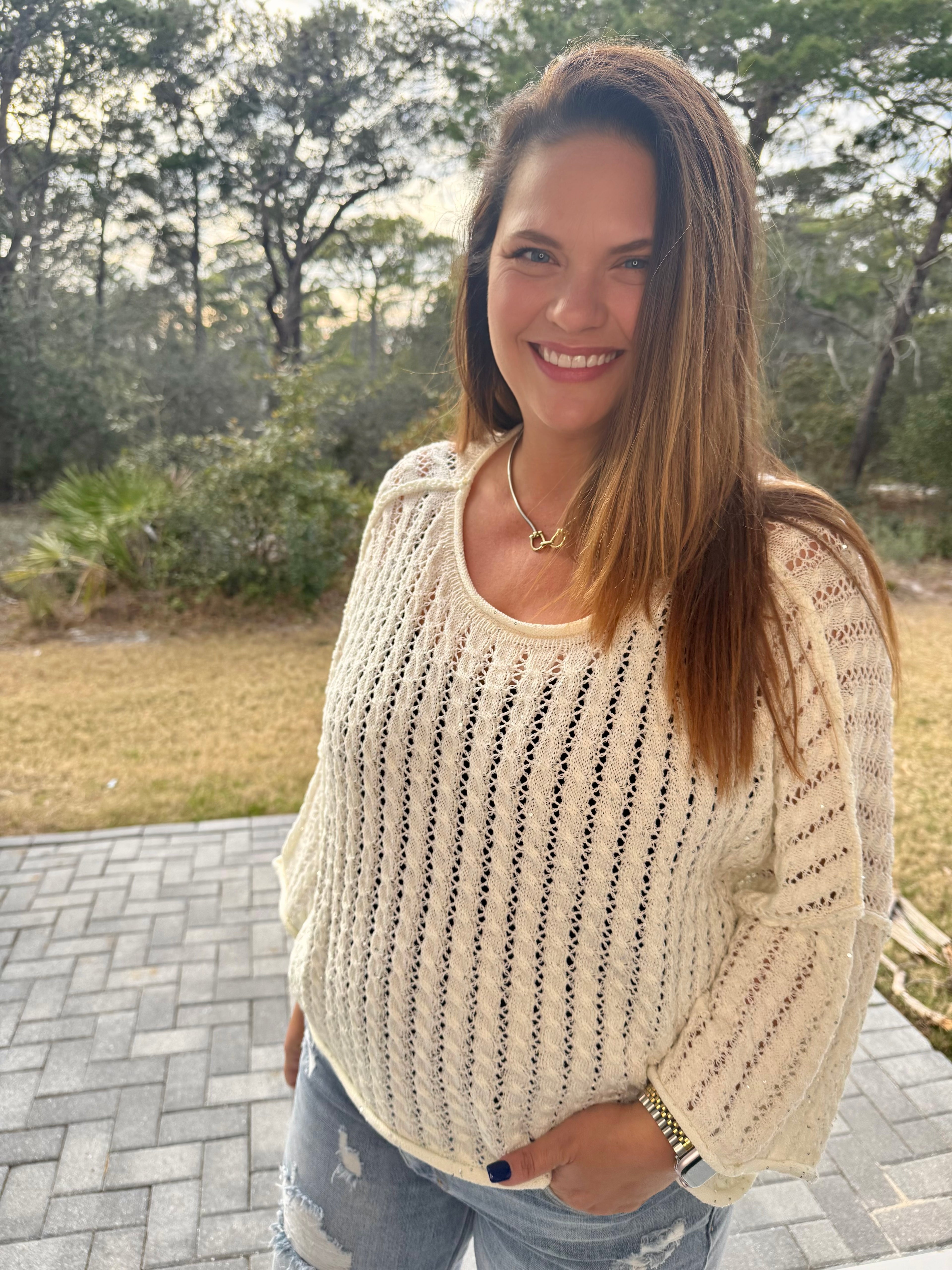 3/4 Sleeve Solid Shiny Thin Acrylic Sweater Cropped Top by POL (Ships 2-3 weeks) - BFF Here