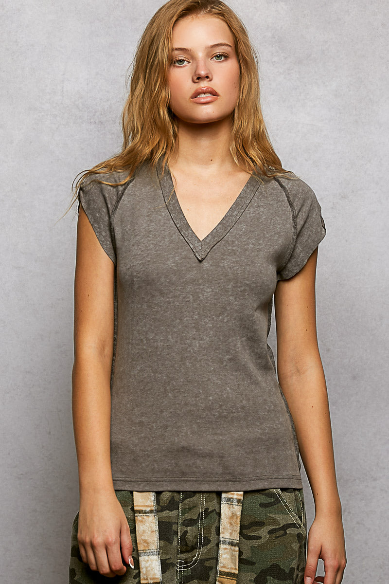 Vintage Wash V Neck Cotton Slim Fit Tee Top by POL (Ships 2-3 weeks) - BFF Here