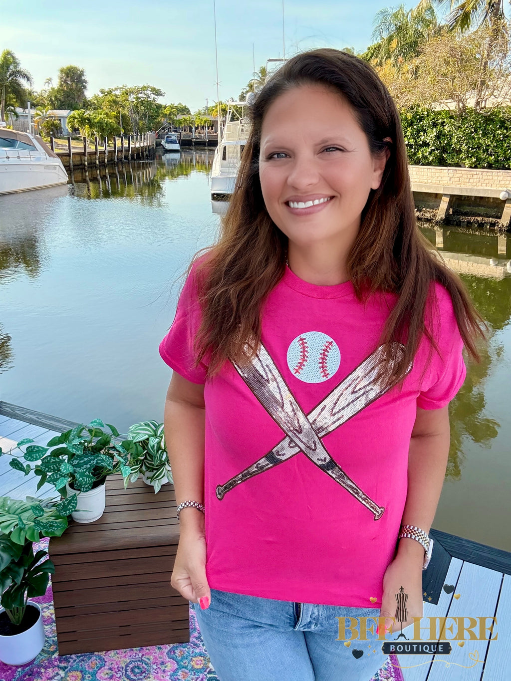 Diamonds and Dugouts Sequin Bats and Baseball Patch Tee - BFF Here
