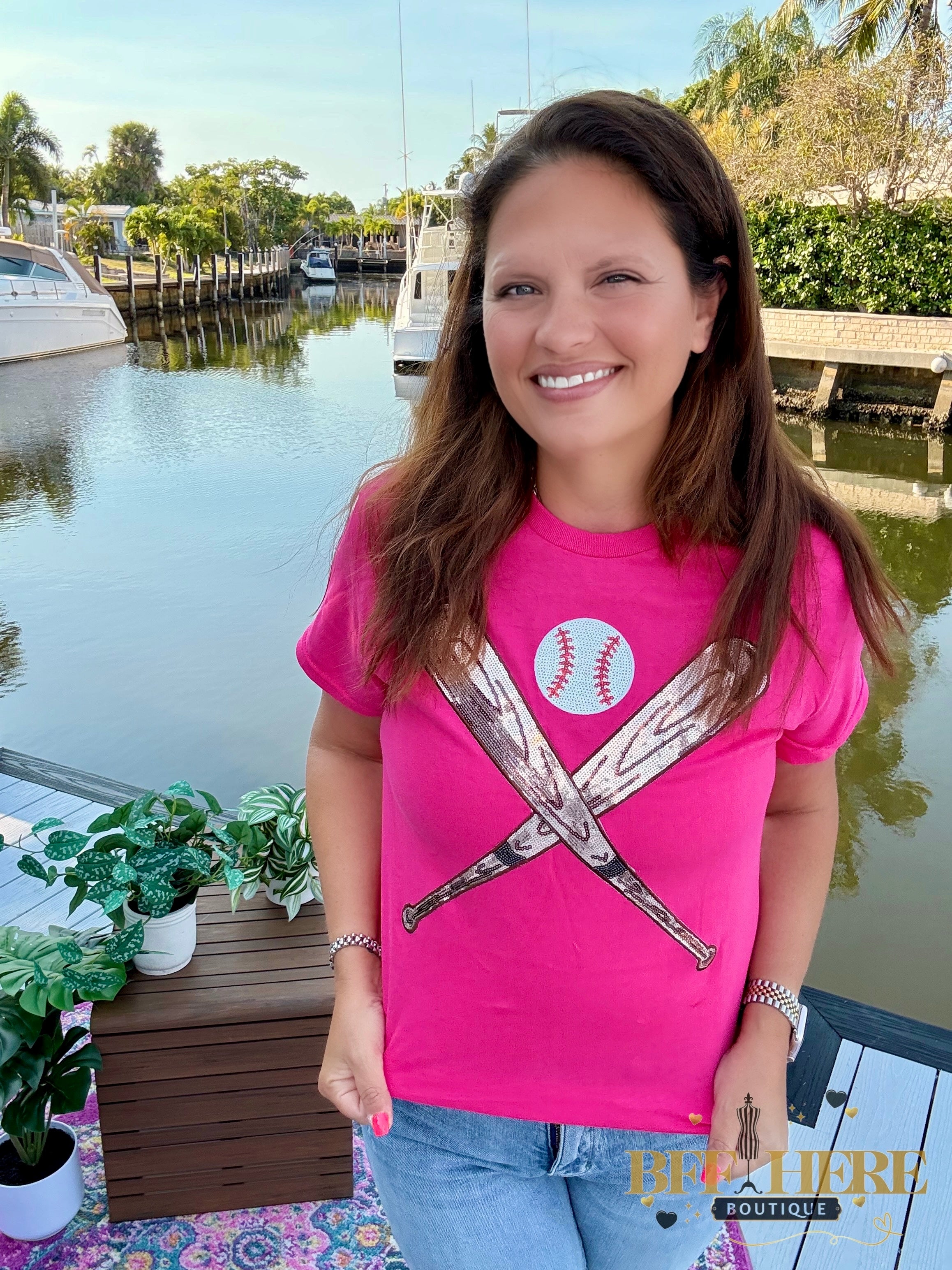 Diamonds and Dugouts Sequin Bats and Baseball Patch Tee - BFF Here