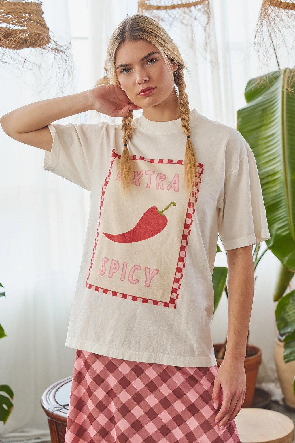 Extra Spicy Chili Pepper Checkerboard Graphic Tee by Jade by Jane (Ships 2-3 weeks) - BFF Here