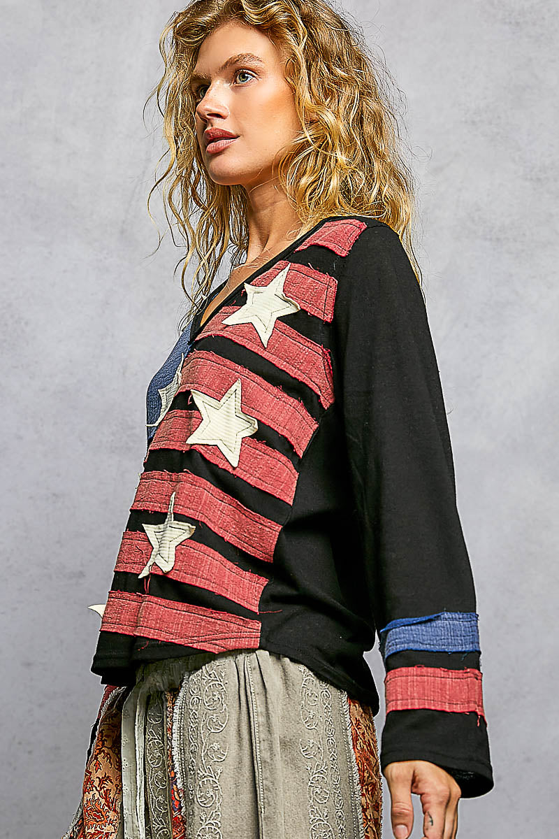 Vintage Washing V-Neck American Flag Patch Long Sleeve Top by POL (Ship time varies) - BFF Here