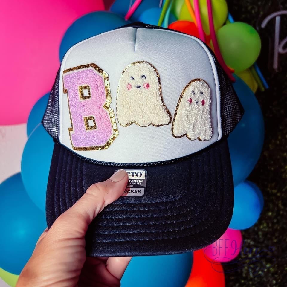 Haunt in Style: Boo Chenille Patch Trucker Hat - BFF Here