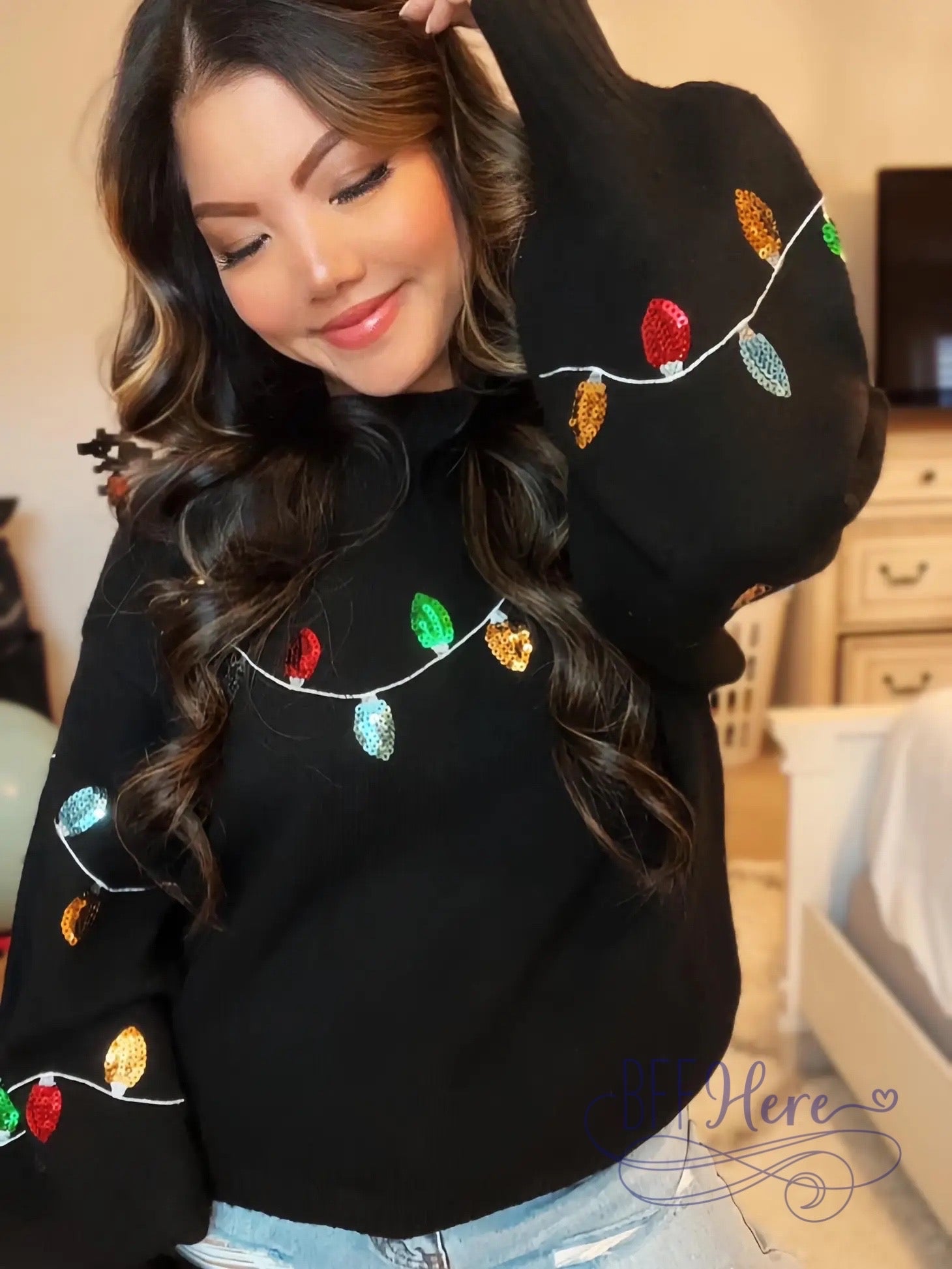 PREORDER: Noel Sequin Christmas Light Bell Sleeves Sweater (Ships End Of November ) - BFF Here