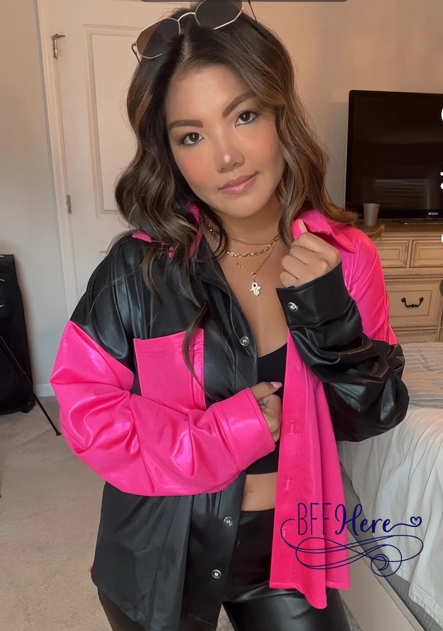 Vibrant Vogue: Hot Pink & Jet Black Pebble Leather Chic Button-Up - BFF Here