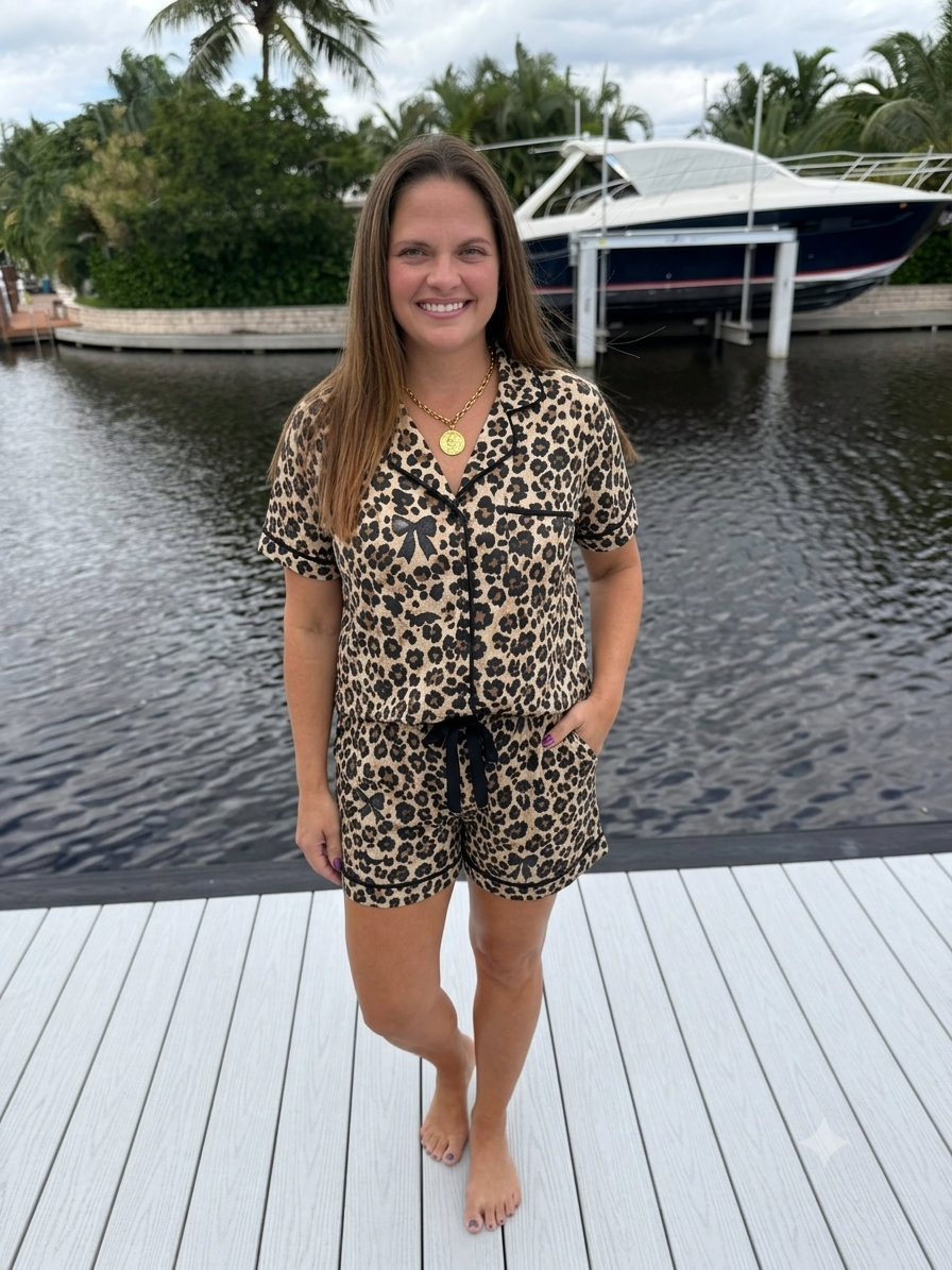 PREORDER: Fall Button Down PJ Set / Leopard Bat by Shirley& Stone (ETA: September)