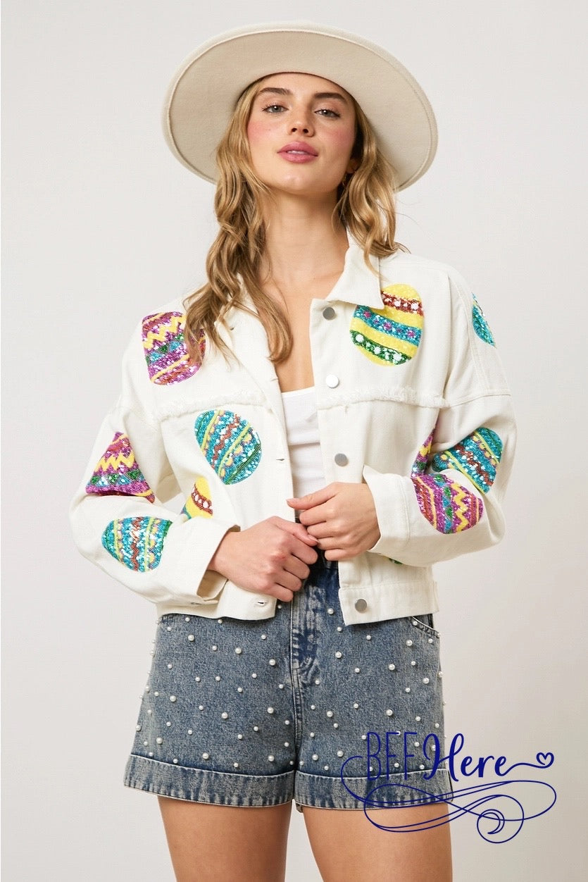 PREORDER: Egg-cellent Shine: Sequin Egg Twill Jacket (Ships End of February) - BFF Here