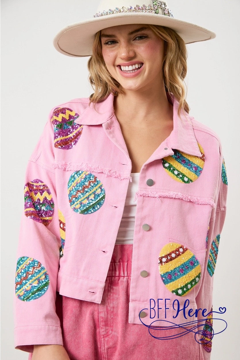 PREORDER: Egg-cellent Shine: Sequin Egg Twill Jacket (Ships End of February) - BFF Here