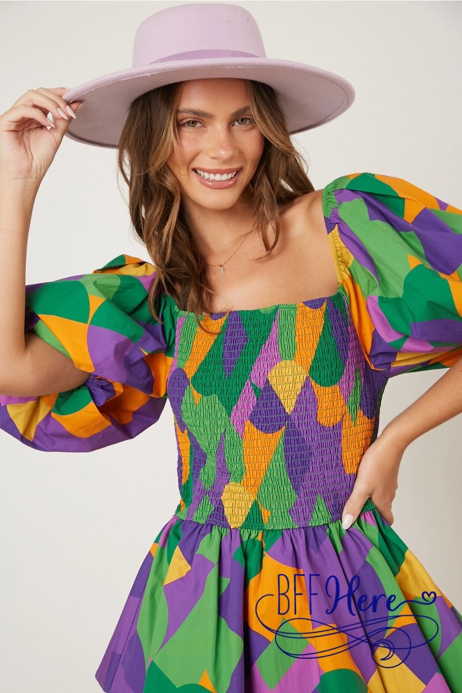 PREORDER: Festive Geometry: Mardi Gras Geo Print Smocked Romper (Ships Middle of January ) - BFF Here