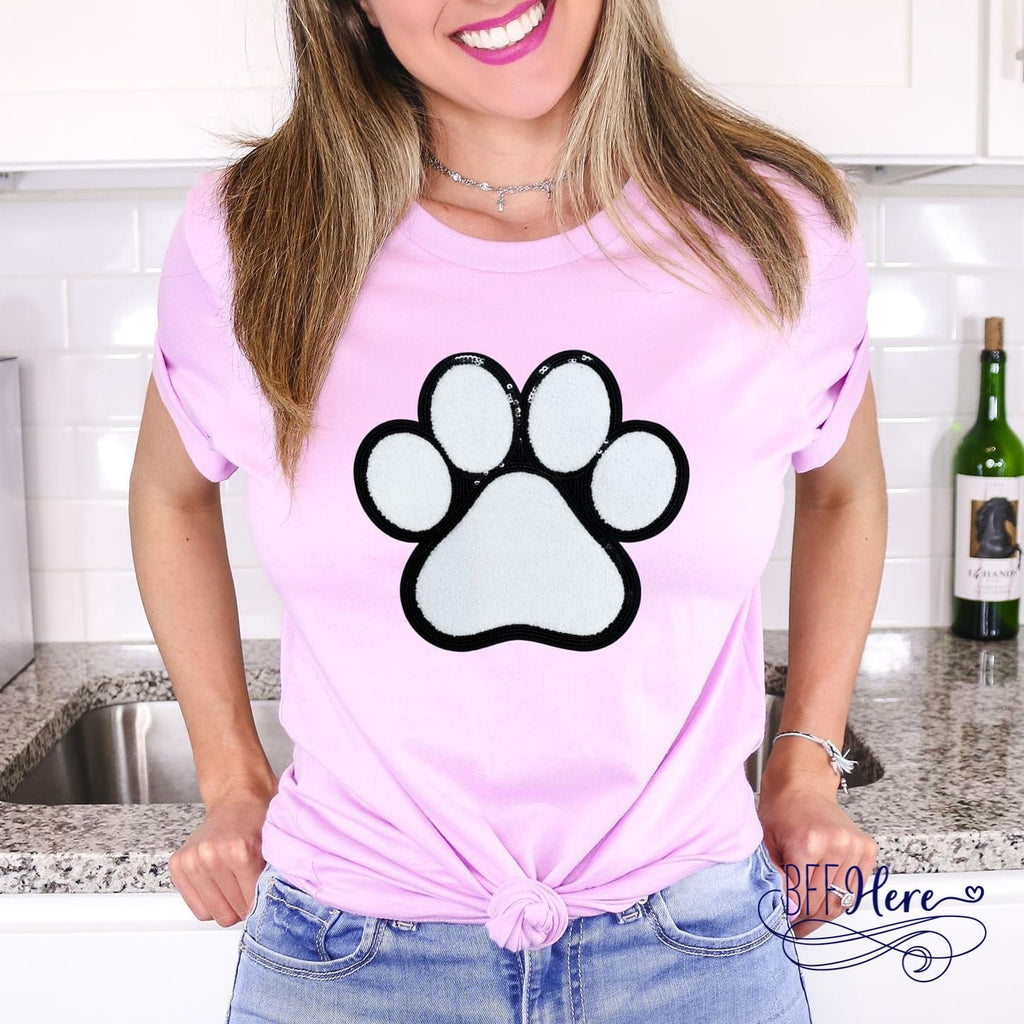 Paw-fection: White Chenille Dog Patch T-Shirt / Choice of Color - BFF Here